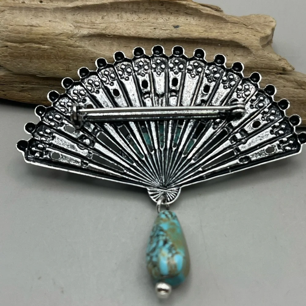 Vintage Turquoise and Silver Fan Pendant